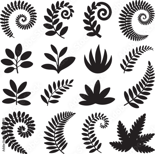 Botanical Vector Set of Various Plants and Leaves Isolated on White