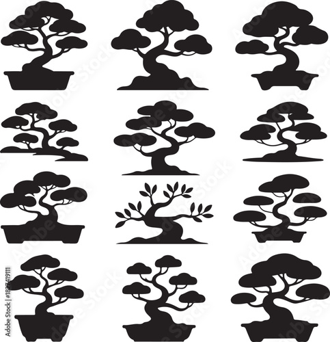Bonsai tree silhouettes collection various styles for zen gardening art