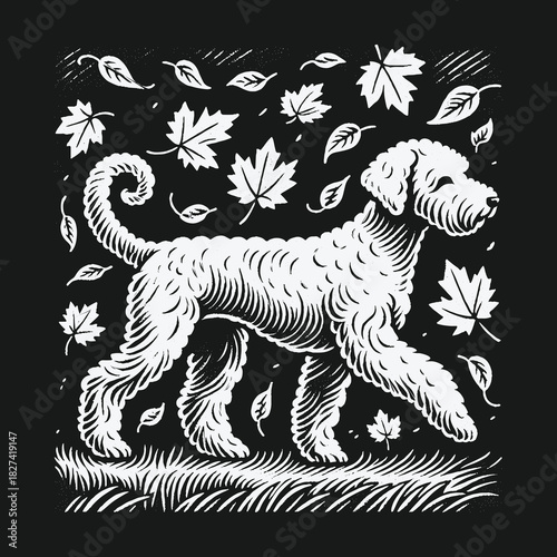 Artistic black and white woodcut illustration of a poodle dog walking in autumn leaves.