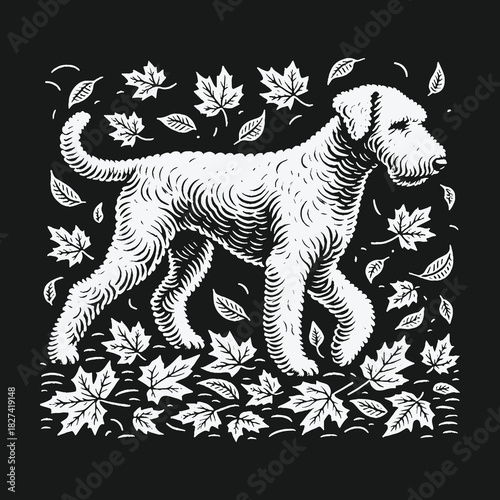 Airedale Terrier dog walking through falling autumn maple leaves in a linocut style.