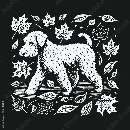 Hand drawn Airedale Terrier dog walking among falling autumn maple leaves in a vintage woodcut style.