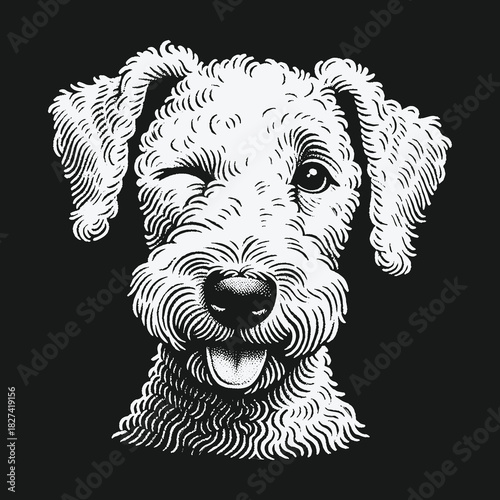 Charming winking terrier dog head portrait illustration in engraving style.