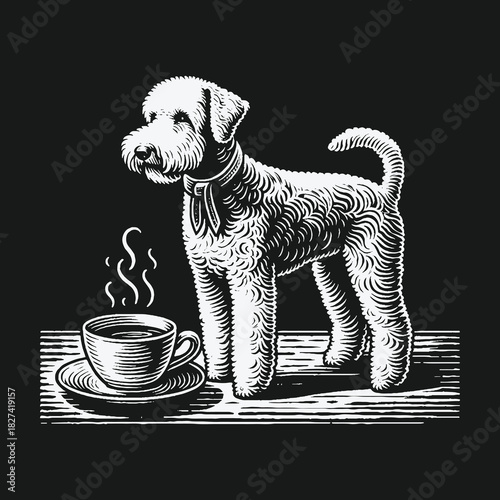 Charming terrier dog standing beside a hot coffee cup illustration.