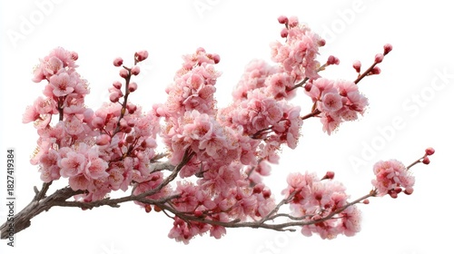 Delicate pink cherry blossoms fill a branch highlighting the beauty of spring. The flowers display soft petals and vibrant colors signaling nature's awakening.