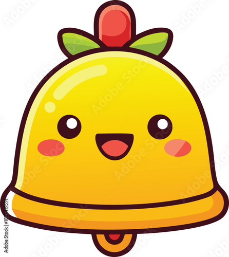 Cute kawaii yellow bell character with happy face and red cherry