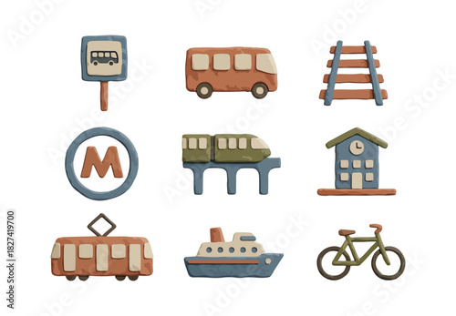 Transportation icons bus stop train metro bicycle ferry and railway elements