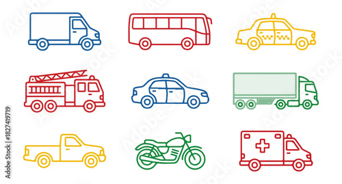 Transportation icons diverse vehicle illustrations on dark background