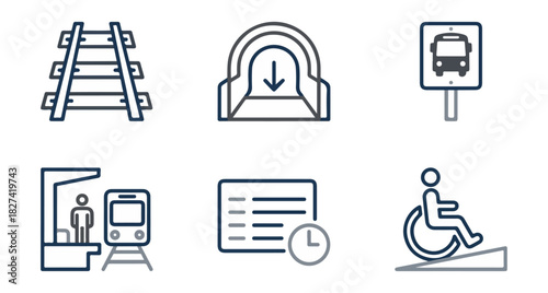 Transportation icons rail tracks subway entrance bus stop train station schedule accessibility