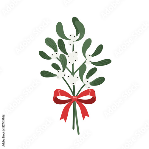 Simple illustration of a mistletoe bouquet with white berries and a red bow tied around the stems.
