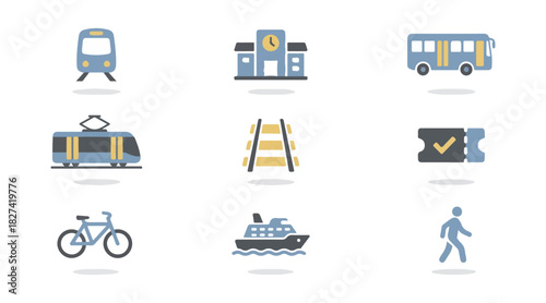 Transportation icons train station bus tram railroad ticket bicycle ship pedestrian