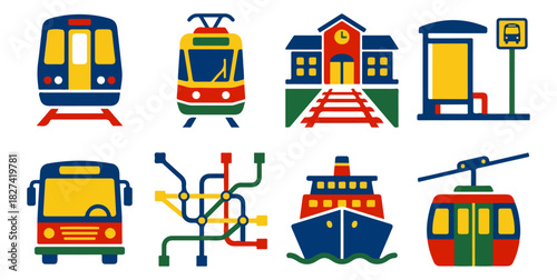 Transportation icons train tram bus metro ferry cable car and station