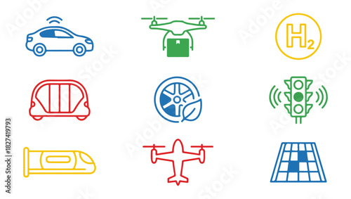 Transportation technology icons autonomous cars drones renewable energy