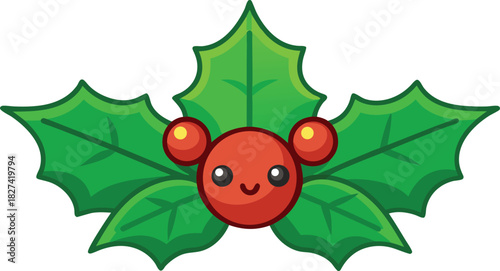 Cute cartoon holly with face and red berries for christmas