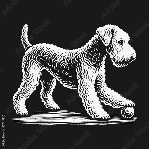 Wire haired terrier dog playing with a ball woodcut illustration.