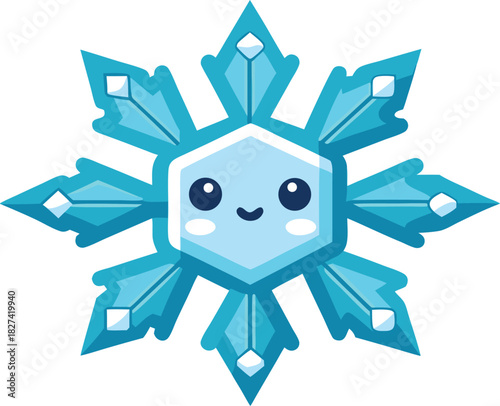 Cute cartoon snowflake character with happy face and blue eyes