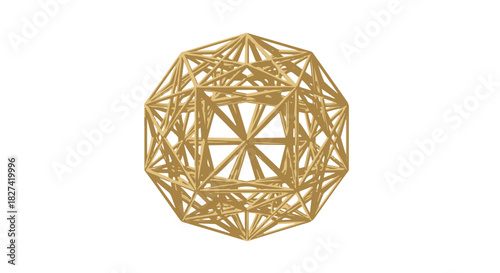 Abstract intricate golden geometric sphere structure representing network, complexity, and technology design isolated PNG with Transparent Background