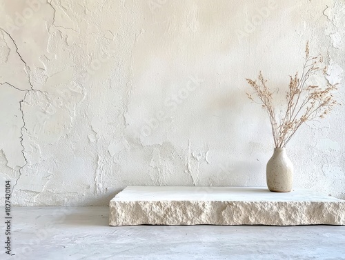 A minimalist still life featuring a vase with dried flowers on a stone shelf against a textured white wall. The composition evokes a sense of calm and simplicit
