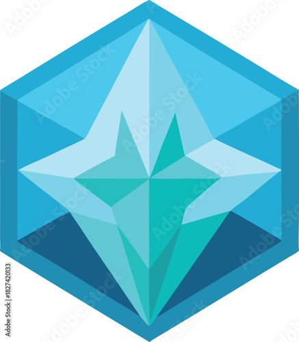 Abstract geometric crystal shape in shades of blue and turquoise