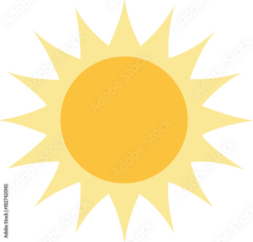 Bright yellow sun with sharp rays on a white background
