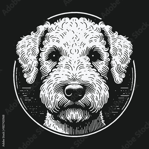 Vintage woodcut style illustration of a terrier dog head in a circle on a black background.