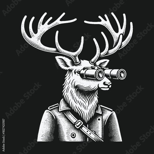 Anthropomorphic deer character in a jacket looking through binoculars illustration.