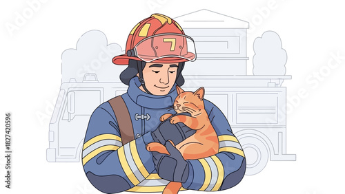Firefighter rescuing a cat from a fire, holding it in his arms.