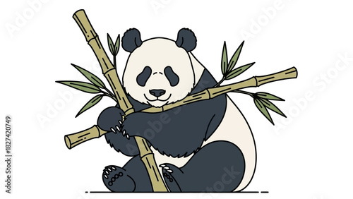 Illustration of a panda bear hugging a bamboo stalk with leaves, in a cartoon style.