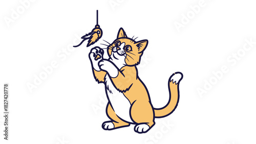 Cartoon cat playing with a toy mouse hanging from above.