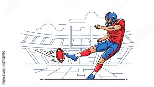 Illustration of an American football player kicking a football in a stadium.
