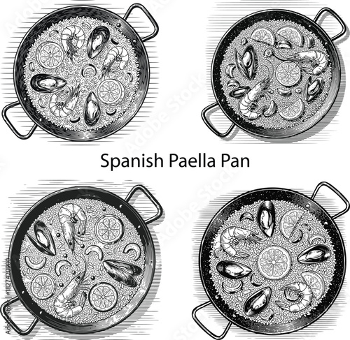 Vintage engraved Spanish paella pan food icon set featuring detailed seafood, rice texture and classic cooking style