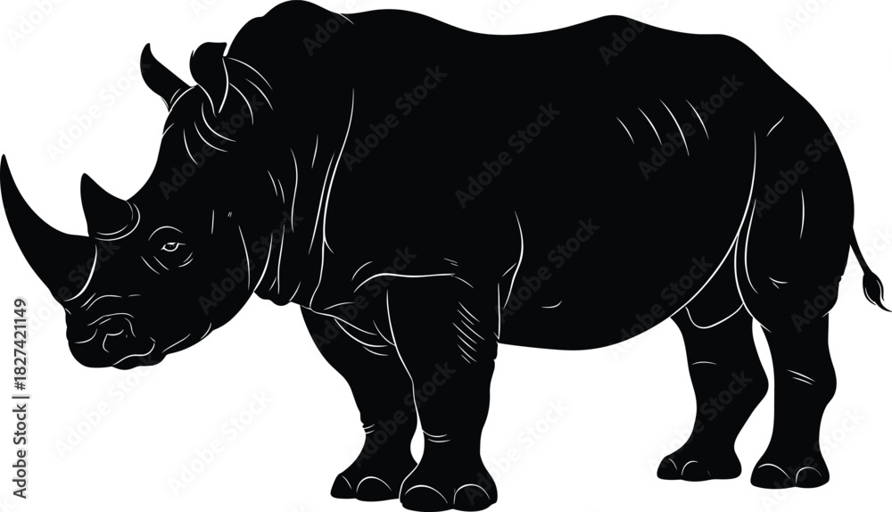 Fototapeta premium Rhinoceros Silhouette Illustration – Transparent Black Animal Graphic with Bold Strong Wildlife Shape.