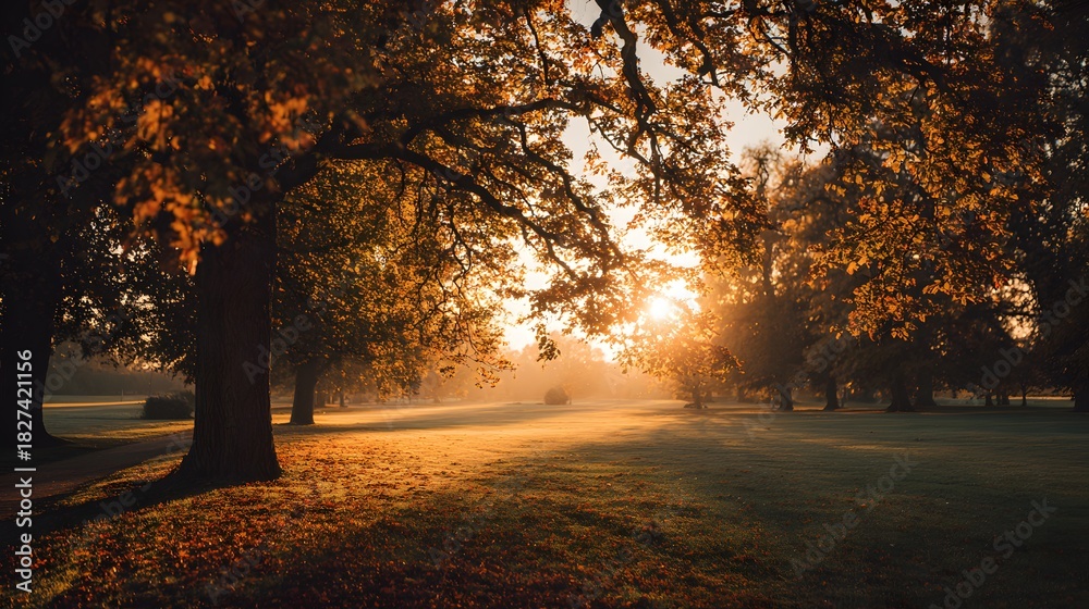 Naklejka premium Golden Sunlight Illuminates Misty Autumn Forest with Majestic Trees.