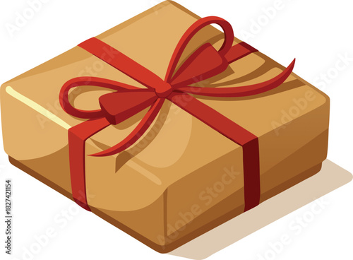 Brown gift box with red ribbon and bow isometric view