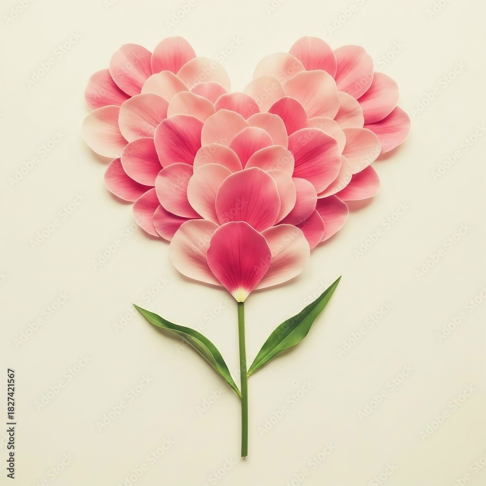 Obraz premium Heartshaped flower made of pink petals with green stem
