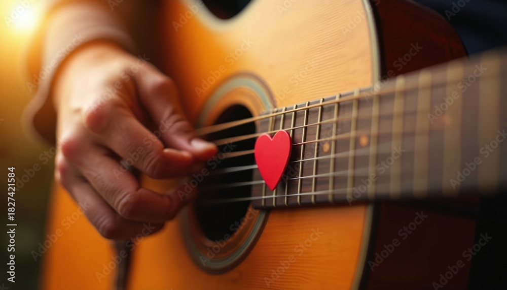 Fototapeta premium Close up photo of guitarist hands on acoustic guitar fretboard. Red heart pick between strings signifies love. Musician plays a love song at music event.