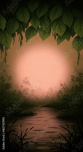Tranquil marsh with hanging foliage in subdued twilight ambiance
