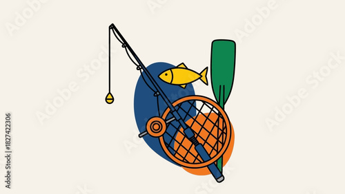 Fishing rod, fish, net, and paddle illustration on a light background.