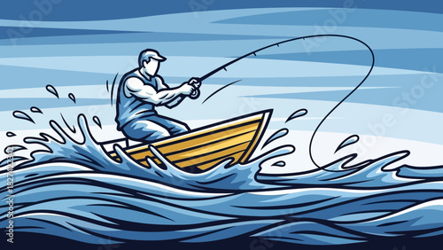 Man fishing from a boat in rough waters, rod bent, catching a fish.