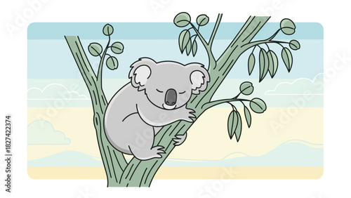 A cartoon koala sleeping in a eucalyptus tree against a blue and beige background.