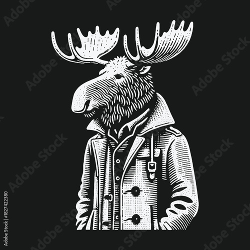 Black and white woodcut illustration of a stylish moose wearing a coat.