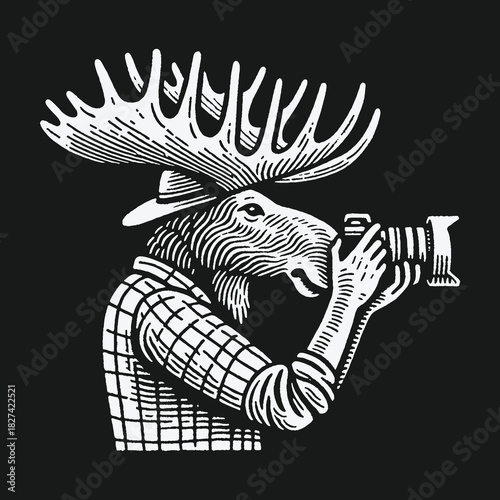 Anthropomorphic moose photographer in plaid shirt holding a camera illustration.