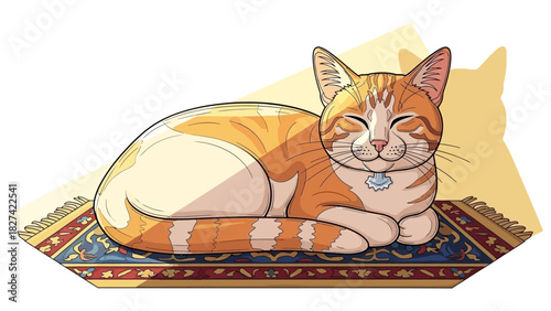 A smiling orange tabby cat is lying on a blue rug with a shadow behind it.