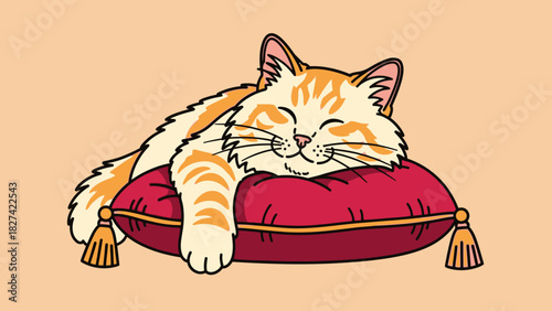 A cartoon cat sleeping peacefully on a red pillow with gold tassels, set against a peach background.