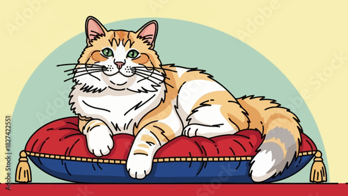 Illustration of a fluffy orange and white cat lying on a red and blue pillow.
