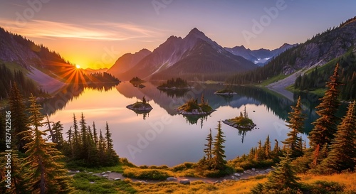 A scenic vista of a mountain lake at sunset, with islands and forest. The vibrant sun's rays reflect in the tranquil water