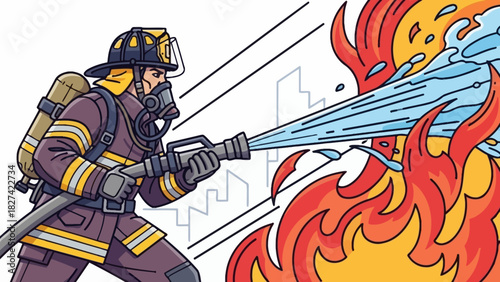 Firefighter spraying water on a fire, wearing protective gear.