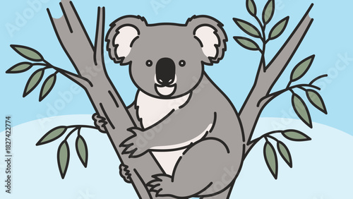 Illustration of a koala bear sitting in a tree with green leaves and a light blue background.