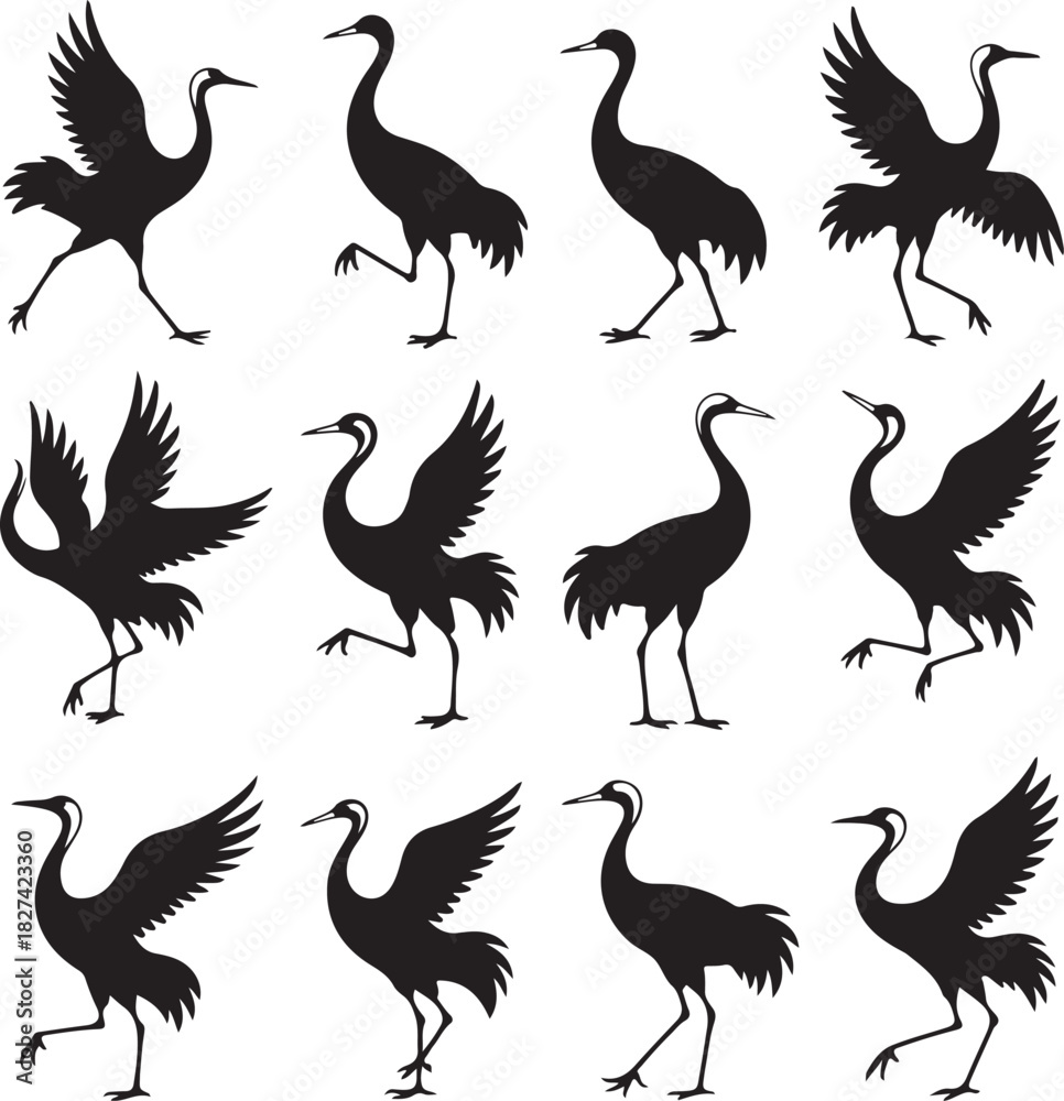 Obraz premium Collection of Crane Bird Silhouettes in Various Poses on White Background