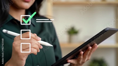 Digital Task Management and Checklist on Tablet. Productivity with Stylus and Completed Checkboxes. Modern Workspace for Organized Project Completion.