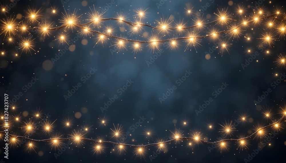 Naklejka premium “Golden Christmas Lights on Transparent Background – Glowing Garlands with Sparks for Invitations, Greetings, and Holiday Design”